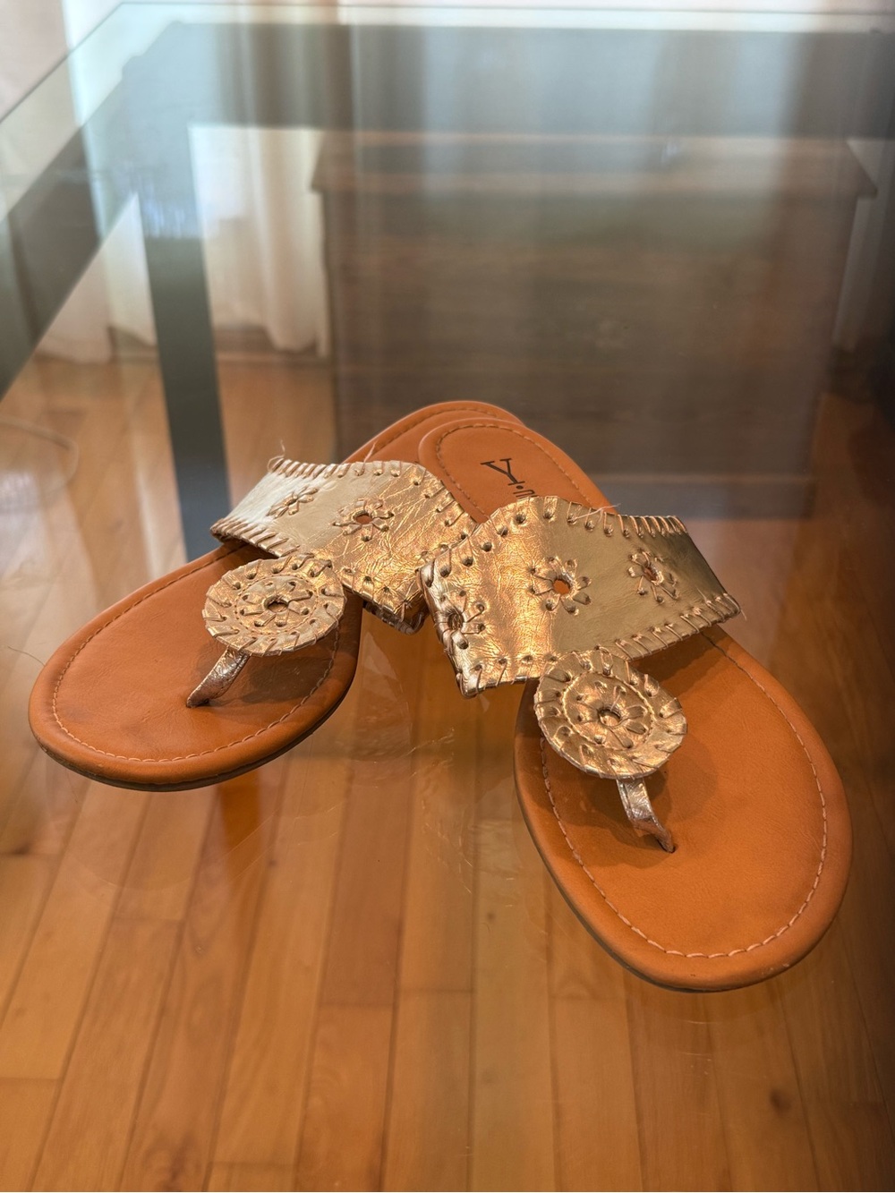 Metallic Gold Women's Leather Toe-Post Sandals